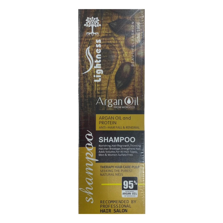 شامپو مو لایتنس مدل روغن آرگان حجم 900 میلیلیتر، بدون سولفات، ترمیمکننده و تقویتکننده، مناسب انواع مو